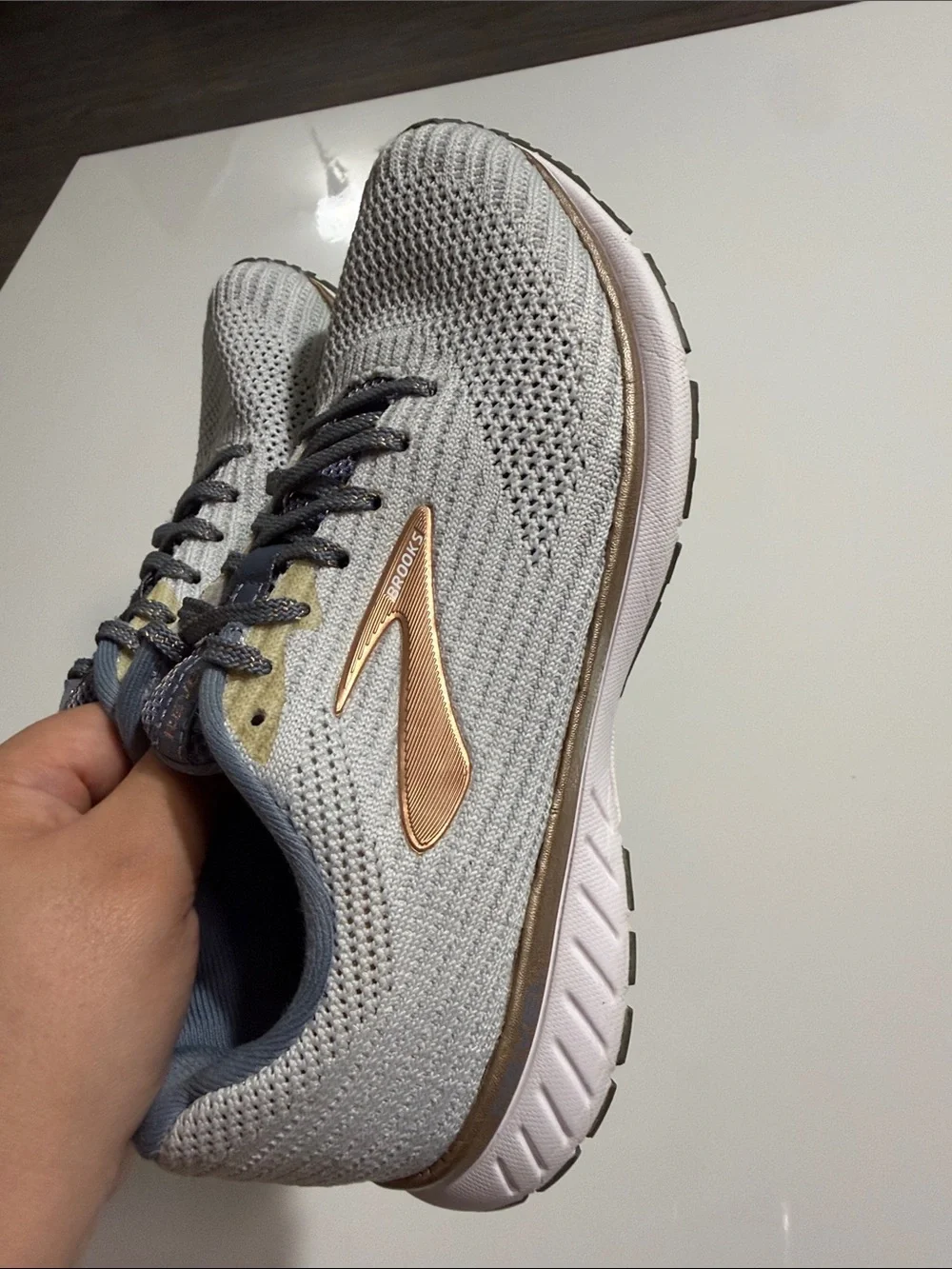 Brooks Revel 3 Running Shoes Gray Flint Stone Pale Gold Knit Women's Size 7